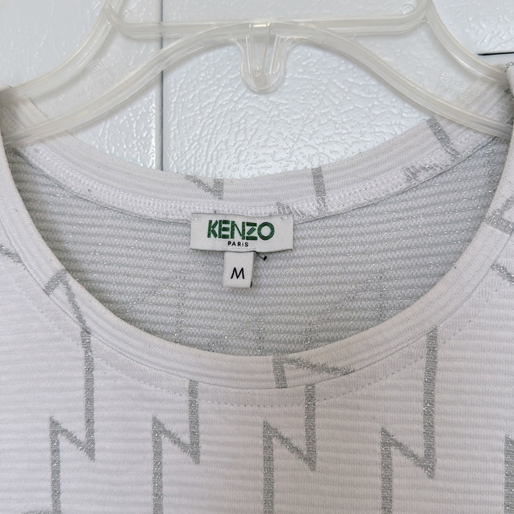 KENZO Paris Dress, Size M, White & Silver Cotton Ribbed Abstract Glitter Dress - Picture 9 of 13